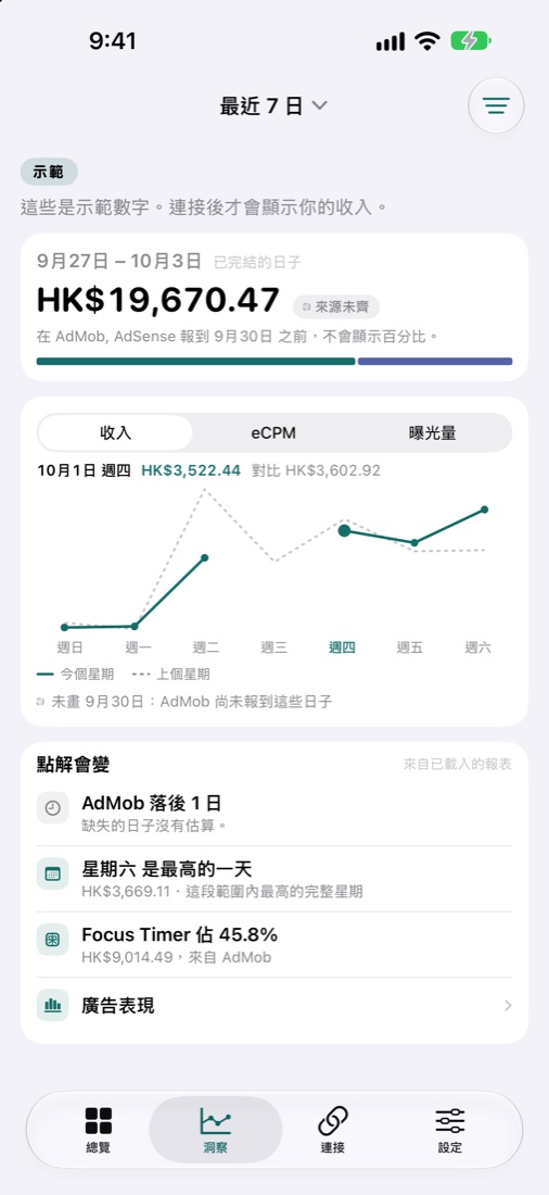 EarnHub 洞察畫面，對比本週與上週收入