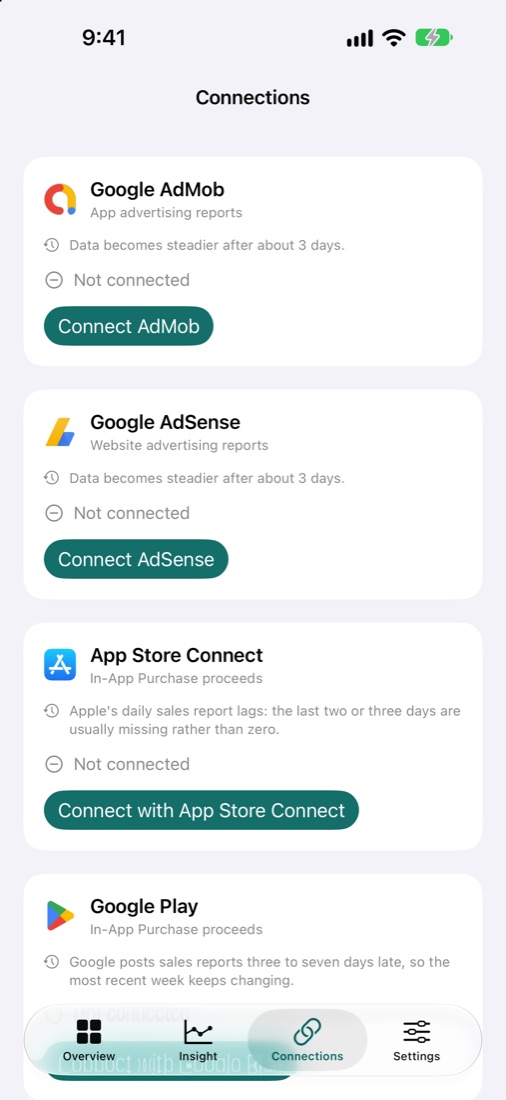 EarnHub Connections screen listing Google AdMob, Google AdSense, App Store Connect and Google Play
