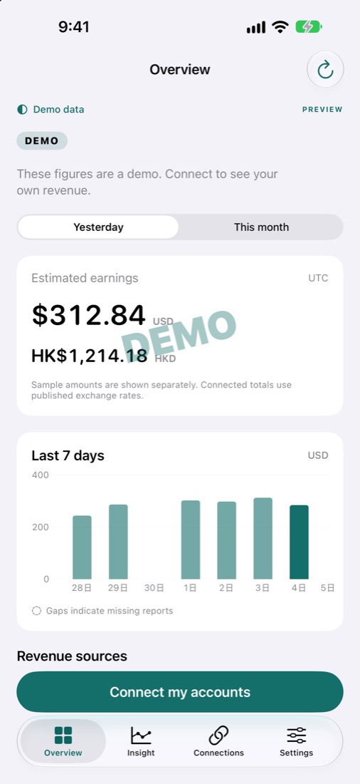 EarnHub Overview screen with yesterday's estimated earnings and a 7-day chart (demo data)